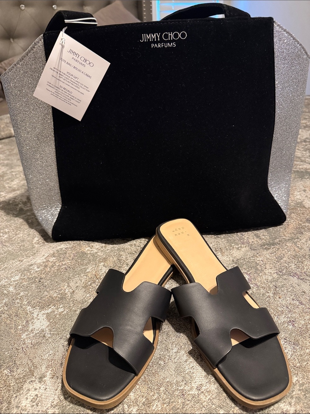 Jimmy Choo Black Leather Tote and a new day Slide Mules
